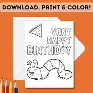 PRINTABLE Color-In Caterpillar Birthday Card | Children&#39;s DIY Very hungry caterpillar Birthday Coloring-In Card | DIY Download & Color