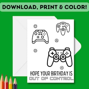 Druck + Color-In Gaming Geburtstagskarte | Kinder DIY Control Geburtstag Ausmalkarte | DIY Download, Print & Color Karte für Gamer