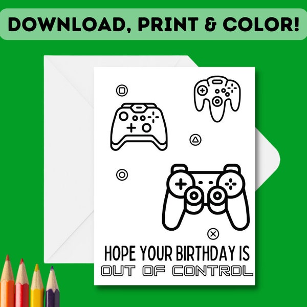 Print + Color-In Gaming Birthday Card | Children's DIY Control Birthday Coloring-In Card | DIY Download, Print & Color Card for Gamers