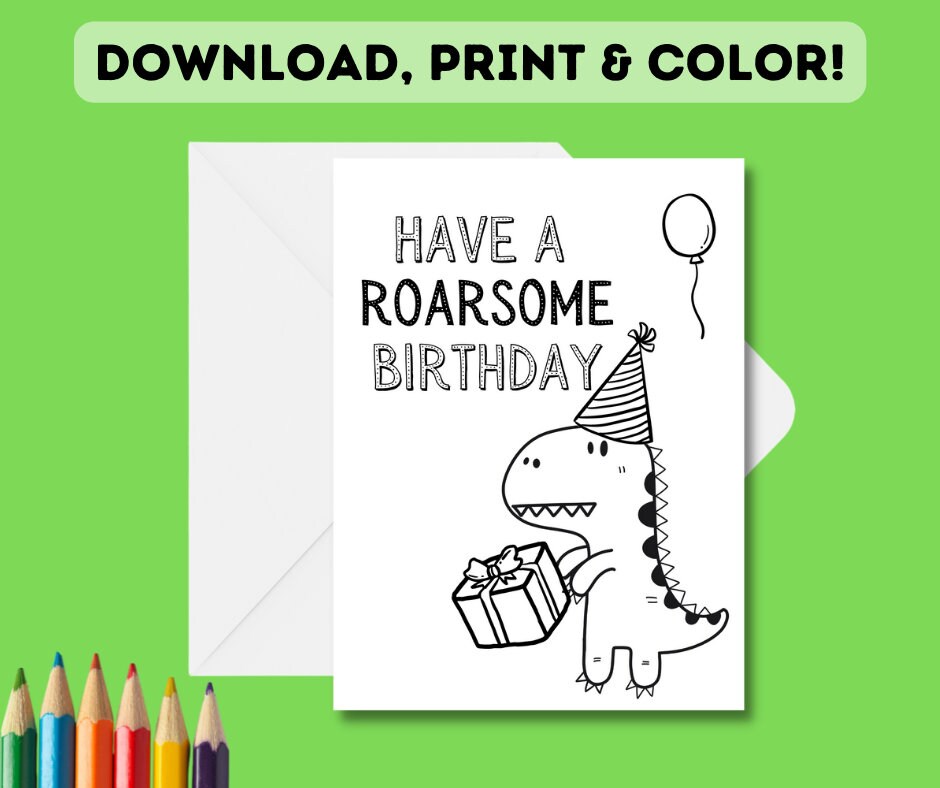 3 X PRINTABLE Color-in Dinosaur Birthday Cards | Children's DIY 3 Pack Dinosaur Birthday ...