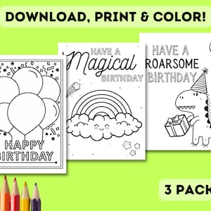 3 x tarjetas de cumpleaños para colorear IMPRIMIBLES / Paquete de 3 bricolaje para niños Tarjeta para colorear de cumpleaños variada / Descarga, impresión y color de bricolaje