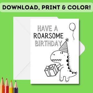 PRINTABLE Cor-No cartão de aniversário do dinossauro | Cartão para colorir de aniversário Roarsome Dino das | Baixar, imprimir e colorir faça você mesmo