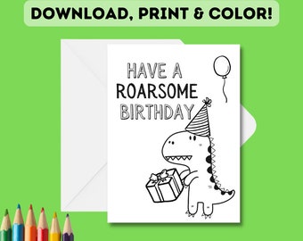 PRINTABLE Color-In Dinosaur Birthday Card | Children's DIY Roarsome Dino Birthday Coloring-In Card | DIY Download, Print & Color