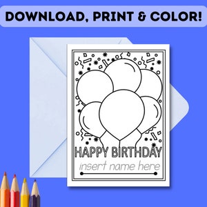 IMPRIMABLE Carte d'anniversaire personnalisée à colorier | Carte à colorier joyeux anniversaire bricolage pour enfants | Impression et couleur bricolage | Insérez votre propre nom