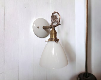 Antique Brass Wall Sconce with Milk Glass Lampshade - Traditional Light Fixture