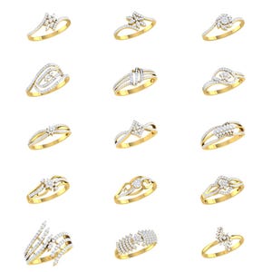 May include: A collection of 25 gold rings with various diamond designs. The rings are arranged in five rows of five rings each.