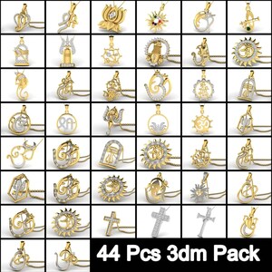 Pode incluir: Um conjunto de 44 pingentes de ouro e prata com v&aacute;rios s&iacute;mbolos religiosos, incluindo Om, Shiva e a cruz. Os pingentes est&atilde;o dispostos em uma grade sobre um fundo branco. 44 Pcs 3dm Pack