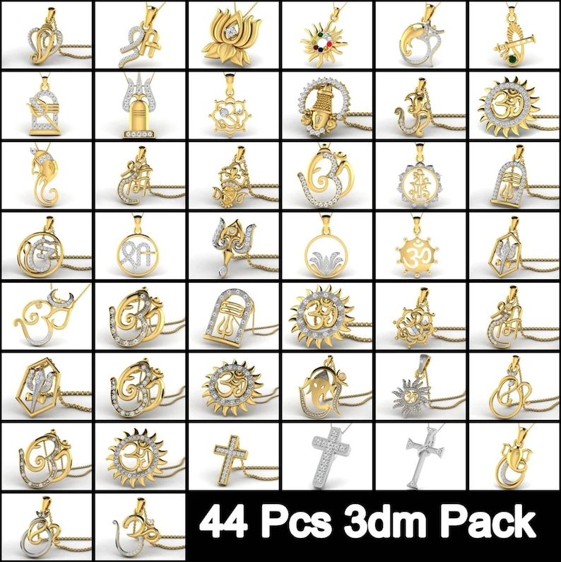 Pode incluir: Um conjunto de 44 pingentes de ouro e prata com v&aacute;rios s&iacute;mbolos religiosos, incluindo Om, Shiva e a cruz. Os pingentes est&atilde;o dispostos em uma grade sobre um fundo branco. 44 Pcs 3dm Pack