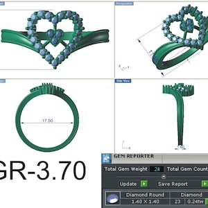 May include: A green heart-shaped ring with 23 small diamonds. The ring is 11.48 inches in diameter and 17.50 inches in circumference. The ring is shown from different angles. The text "GR-3.70" is visible in the image. The text "GEM REPORTER" is visible in the image. The text "Total Gem Weight .24" is visible in the image. The text "Total Gem Count 23" is visible in the image. The text "Diamond Round 1.40 X 1.40" is visible in the image. The text "Diamond 23 0.24tw" is visible in the image.