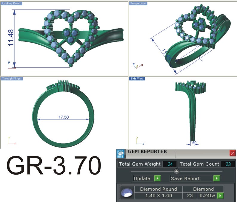 May include: A green heart-shaped ring with 23 small diamonds. The ring is 11.48 inches in diameter and 17.50 inches in circumference. The ring is shown from different angles. The text "GR-3.70" is visible in the image. The text "GEM REPORTER" is visible in the image. The text "Total Gem Weight .24" is visible in the image. The text "Total Gem Count 23" is visible in the image. The text "Diamond Round 1.40 X 1.40" is visible in the image. The text "Diamond 23 0.24tw" is visible in the image.