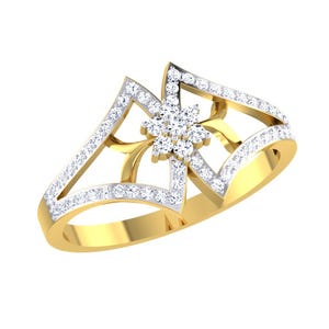May include: A gold ring with a diamond flower design. The ring is set with small diamonds around the band and a larger diamond flower in the center.