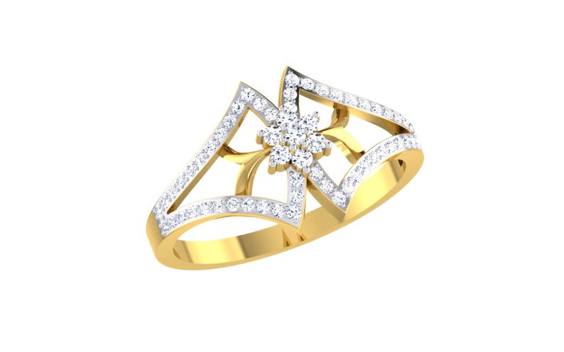 May include: A gold ring with a diamond flower design. The ring is set with small diamonds around the band and a larger diamond flower in the center.