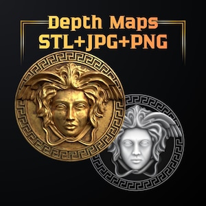 Op de afbeelding: Twee ronde medaillons met een vrouwengezicht met vleugels. Eén is goudkleurig, de andere zilverkleurig, beide met een Griekse sleutelrand. De tekst bovenaan luidt "Depth Maps" en "STL+JPG+PNG".