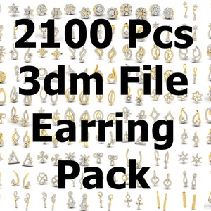Puede incluir: Un collage de 210 diseños diferentes de pendientes, cada uno con un engaste de oro y piedras blancas brillantes. El texto "210 Pcs 3dm File Earring Pack" se muestra en letras negras en negrita.