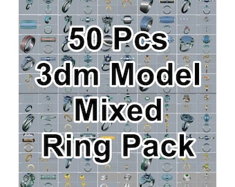 May include: A collection of 50 3D model mixed ring designs. The rings are in various styles, colors, and materials, including gold, silver, and gemstones.