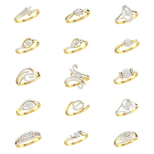 May include: A collection of 25 gold rings with various diamond designs. The rings are arranged in five rows of five rings each.