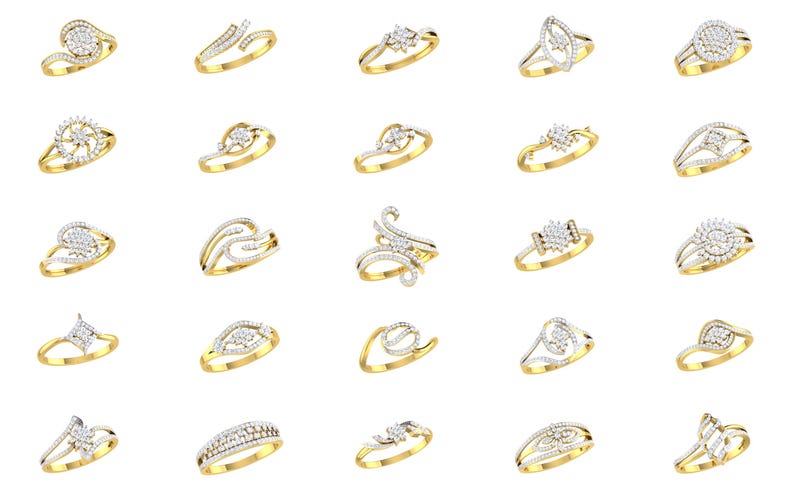 May include: A collection of 25 gold rings with various diamond designs. The rings are arranged in five rows of five rings each.