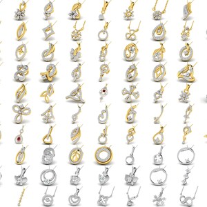 Pode incluir: Uma cole&ccedil;&atilde;o de 72 pingentes de ouro e prata com v&aacute;rios designs, incluindo flores, cora&ccedil;&otilde;es, c&iacute;rculos e formas geom&eacute;tricas. Cada pingente &eacute; adornado com diamantes brancos brilhantes.