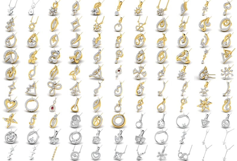 Pode incluir: Uma cole&ccedil;&atilde;o de 72 pingentes de ouro e prata com v&aacute;rios designs, incluindo flores, cora&ccedil;&otilde;es, c&iacute;rculos e formas geom&eacute;tricas. Cada pingente &eacute; adornado com diamantes brancos brilhantes.