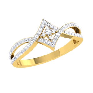 May include: A gold ring with a diamond-shaped center stone and smaller diamonds set in the band.