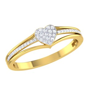 May include: A gold ring with a heart-shaped diamond center and two bands of smaller diamonds.