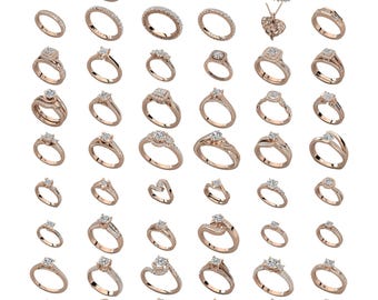 May include: A collection of 40 rose gold engagement rings with various styles of diamond settings. The rings are arranged in rows on a white background.