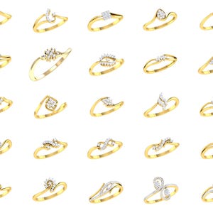 May include: A collection of 25 gold rings with various diamond designs. The rings are arranged in five rows of five rings each.