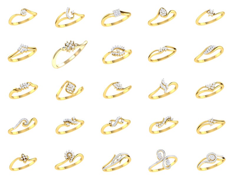 May include: A collection of 25 gold rings with various diamond designs. The rings are arranged in five rows of five rings each.