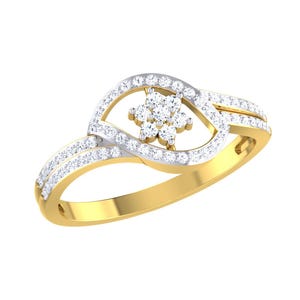 May include: A gold ring with a flower-shaped design in the center, surrounded by smaller diamonds. The ring is set with diamonds on the band.