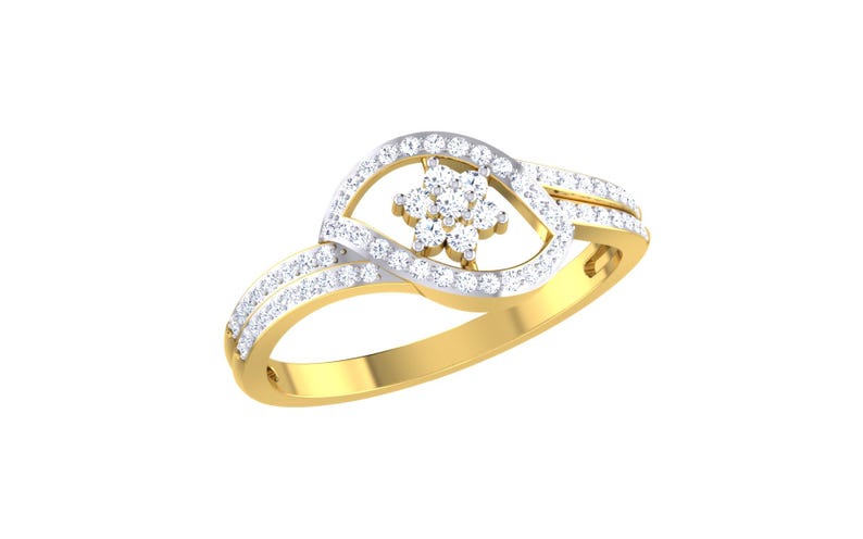 May include: A gold ring with a flower-shaped design in the center, surrounded by smaller diamonds. The ring is set with diamonds on the band.