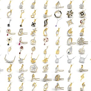 Pode incluir: Uma cole&ccedil;&atilde;o de 100 pingentes de ouro e prata com v&aacute;rios designs, incluindo flores, formas geom&eacute;tricas e padr&otilde;es abstratos. Os pingentes s&atilde;o adornados com pedras preciosas brancas brilhantes.