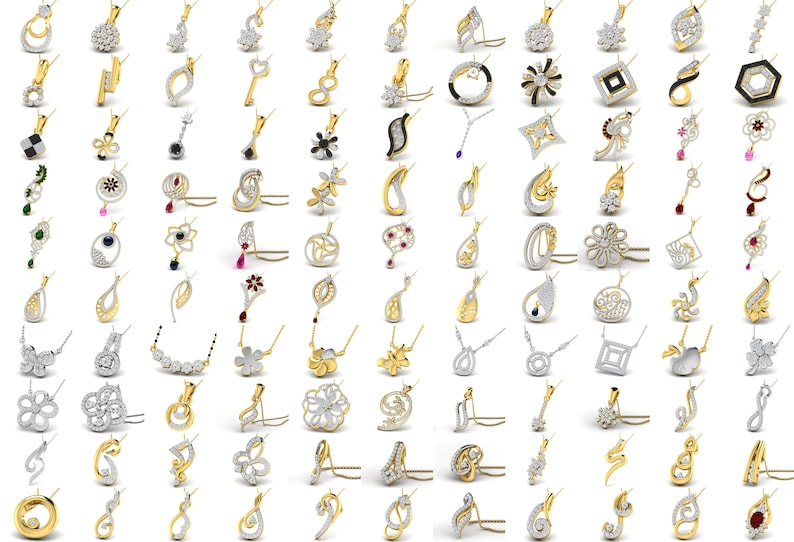 Pode incluir: Uma cole&ccedil;&atilde;o de 100 pingentes de ouro e prata com v&aacute;rios designs, incluindo flores, formas geom&eacute;tricas e padr&otilde;es abstratos. Os pingentes s&atilde;o adornados com pedras preciosas brancas brilhantes.
