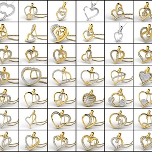 Pode incluir: Uma cole&ccedil;&atilde;o de 36 pingentes em forma de cora&ccedil;&atilde;o de ouro e prata com detalhes em diamantes. Os pingentes est&atilde;o em correntes e est&atilde;o dispostos em uma grade.
