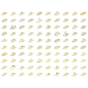 May include: A collection of 64 gold rings with various diamond settings. The rings feature a variety of styles, including simple bands, intricate designs, and unique shapes.