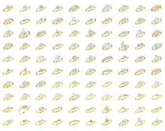 May include: A collection of 64 gold rings with various diamond settings. The rings feature a variety of styles, including simple bands, intricate designs, and unique shapes.