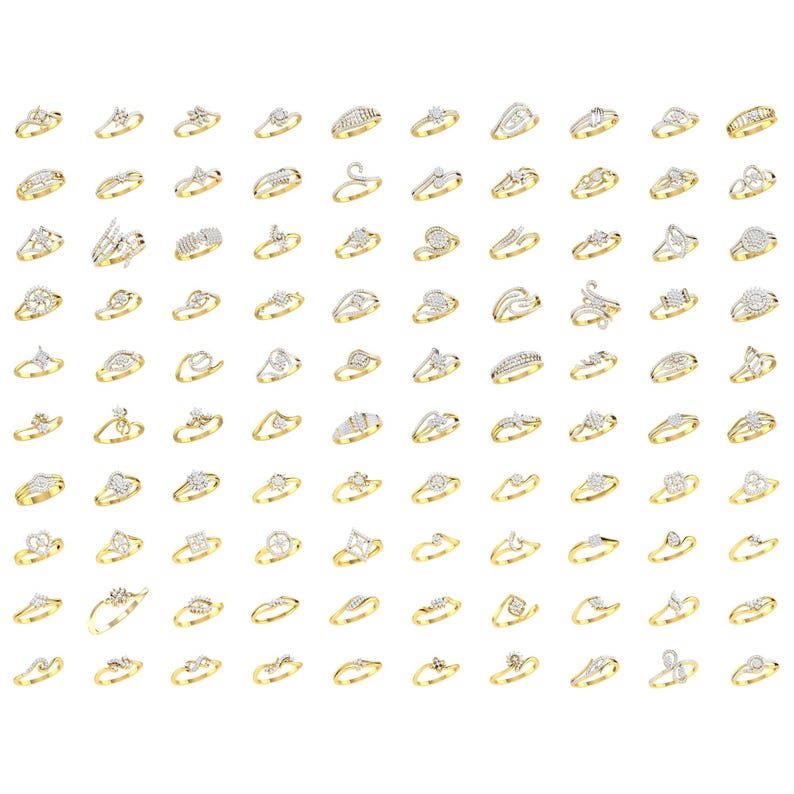May include: A collection of 64 gold rings with various diamond settings. The rings feature a variety of styles, including simple bands, intricate designs, and unique shapes.