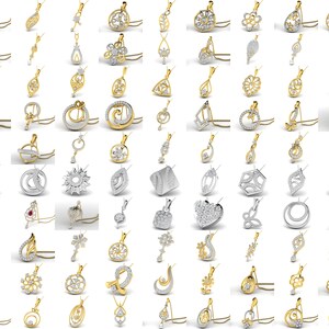 Pode incluir: Uma cole&ccedil;&atilde;o de 64 pingentes de prata e ouro com v&aacute;rios designs, incluindo flores, cora&ccedil;&otilde;es, c&iacute;rculos e formas geom&eacute;tricas. Os pingentes s&atilde;o adornados com pedras preciosas transparentes e vermelhas.