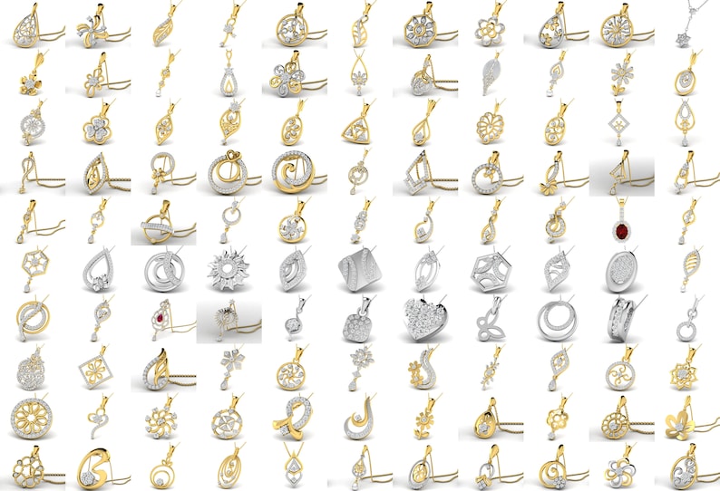 Pode incluir: Uma cole&ccedil;&atilde;o de 64 pingentes de prata e ouro com v&aacute;rios designs, incluindo flores, cora&ccedil;&otilde;es, c&iacute;rculos e formas geom&eacute;tricas. Os pingentes s&atilde;o adornados com pedras preciosas transparentes e vermelhas.