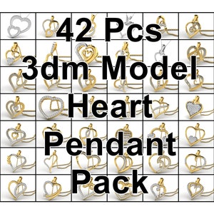 Peut inclure: Un ensemble de 42 pendentifs en forme de cœur en modèle 3D de couleur or. Les pendentifs sont en métal et ont une finition brillante. Les pendentifs sont disposés en grille sur un fond blanc. Le texte "42 Pcs 3dm Model Heart Pendant Pack" est affiché en noir sur l'image.