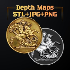 May include: Two circular relief sculptures, one gold and one silver, depicting a knight on horseback slaying a dragon. The gold sculpture is highly detailed. Text at the top reads "Depth Maps" and "STL+JPG+PNG".