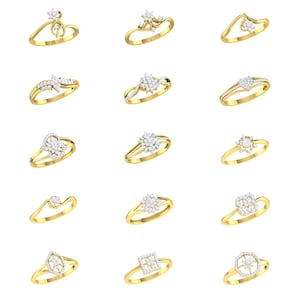 May include: Twenty-five gold rings with various diamond designs. The rings are arranged in five rows of five rings each.