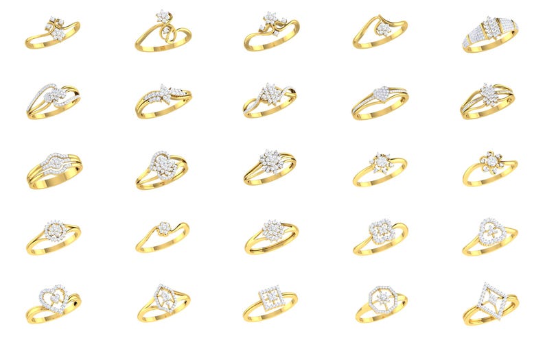 May include: Twenty-five gold rings with various diamond designs. The rings are arranged in five rows of five rings each.