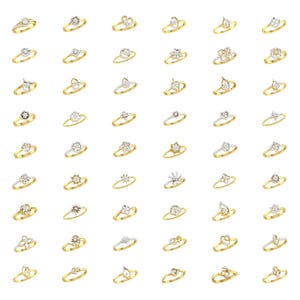 May include: A collection of 40 gold rings with various diamond designs. The rings feature different shapes, including round, pear, heart, and star.