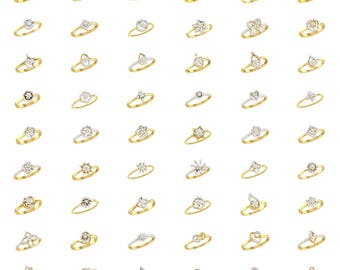 May include: A collection of 40 gold rings with various diamond designs. The rings feature different shapes, including round, pear, heart, and star.
