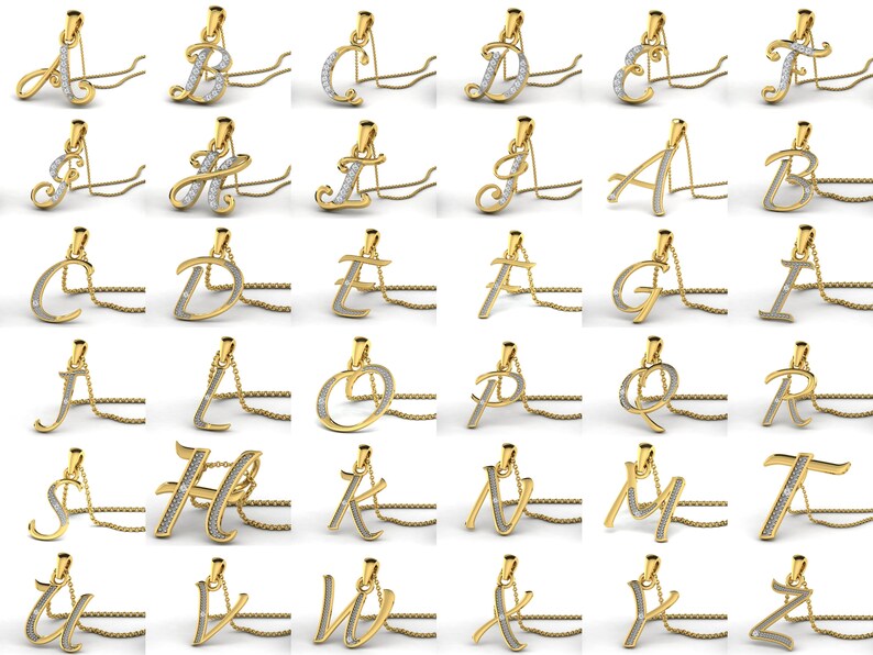 Pode incluir: Um conjunto de 26 pingentes banhados a ouro, cada um com uma letra diferente do alfabeto, adornados com diamantes brilhantes. Os pingentes s&atilde;o exibidos em correntes delicadas.