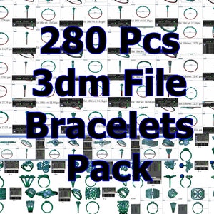 May include: A collage of 280 3D model files of bracelets. The image shows a variety of styles and designs, including simple bands, intricate designs, and gemstone accents. The text "280 Pcs 3dm File Bracelets Pack" is displayed in large, bold letters.