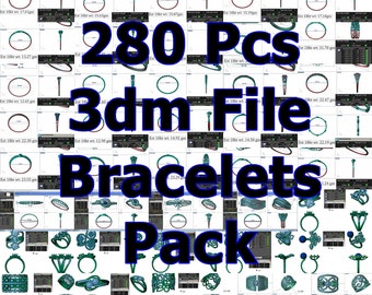 May include: A collage of 280 3D model files of bracelets. The image shows a variety of styles and designs, including simple bands, intricate designs, and gemstone accents. The text "280 Pcs 3dm File Bracelets Pack" is displayed in large, bold letters.