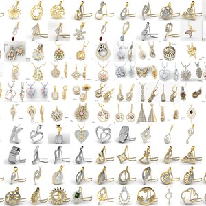 Pode incluir: Uma cole&ccedil;&atilde;o de 100 pingentes de ouro e prata com v&aacute;rios designs, incluindo cora&ccedil;&otilde;es, flores, animais e formas geom&eacute;tricas. Muitos dos pingentes s&atilde;o adornados com diamantes brilhantes.