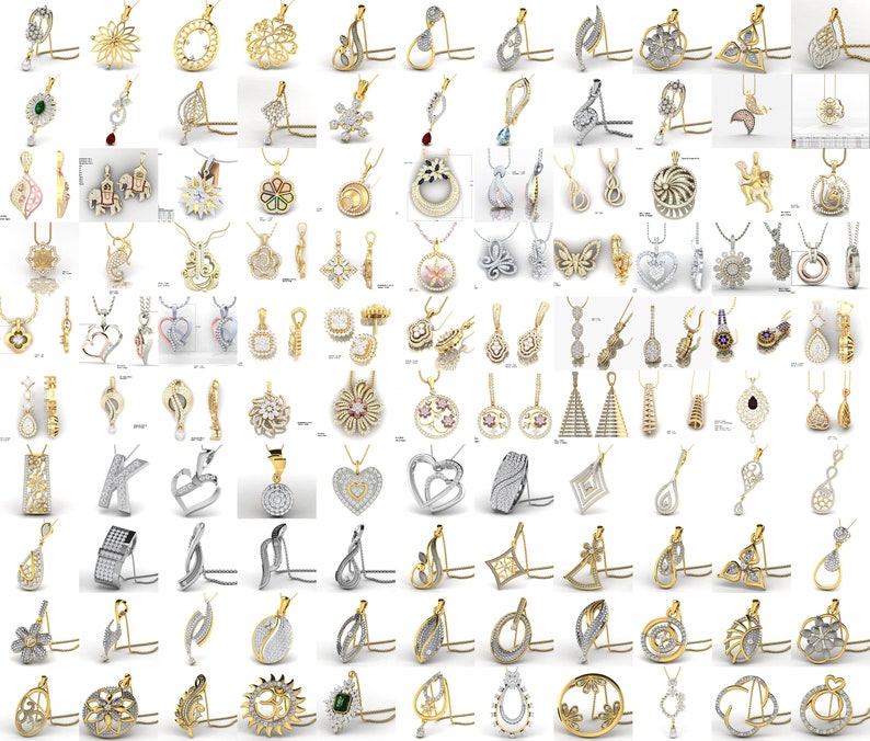 Pode incluir: Uma cole&ccedil;&atilde;o de 100 pingentes de ouro e prata com v&aacute;rios designs, incluindo cora&ccedil;&otilde;es, flores, animais e formas geom&eacute;tricas. Muitos dos pingentes s&atilde;o adornados com diamantes brilhantes.