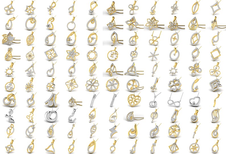 Pode incluir: Uma cole&ccedil;&atilde;o de 48 pingentes de ouro e prata com v&aacute;rios designs, incluindo flores, cora&ccedil;&otilde;es, c&iacute;rculos e formas geom&eacute;tricas. Cada pingente &eacute; adornado com diamantes brilhantes.